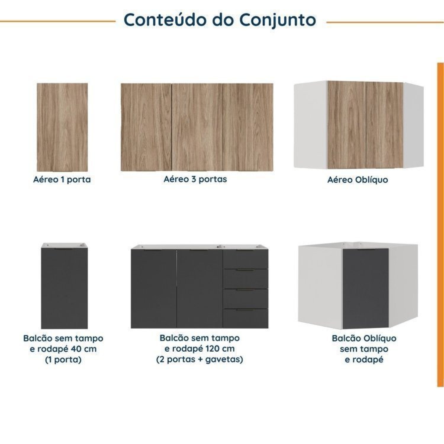 Cozinha Modulada 6 Peças sem Tampo sem Rodapé 3 Aéreos e 3 Balcões Ipanema Cabecasa Madeiramadeira - 3