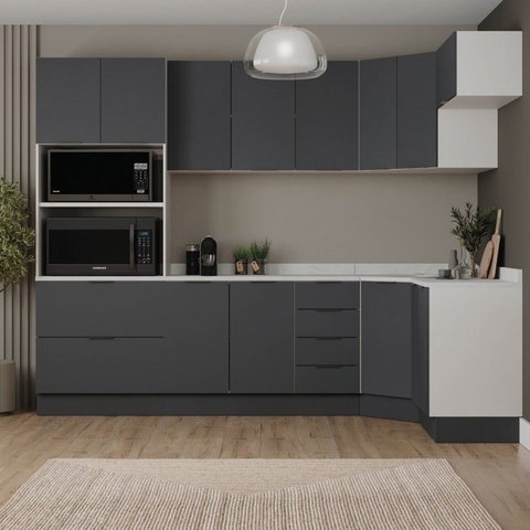 Cozinha Modulada 7 Peças com Tampo e Rodapé Ipanema CabeCasa MadeiraOriginals Cinza/Grafite Trama