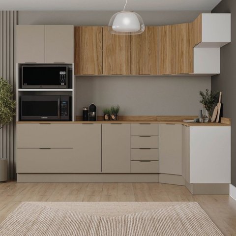 Cozinha Planejada 7 Peças com Tampo e Rodapé Ipanema CabeCasa MadeiraOriginals Marrom/Fendi Trama/Acácia