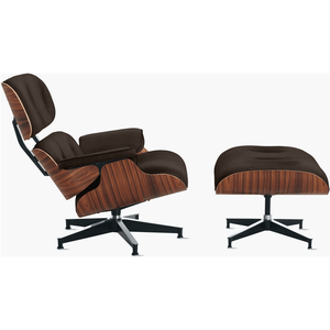 Poltrona Charles Eames com Banqueta Madeira Pau-ferro em Couro Legítimo Café