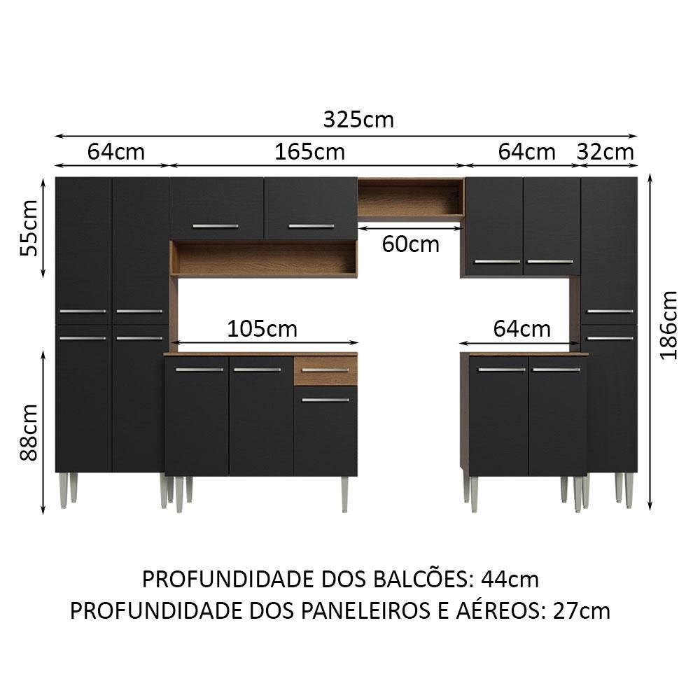 Armário de Cozinha Completa 325cm Preto/Rustic Emilly Joy Madesa - 3