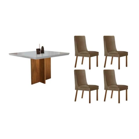 Conjunto: Mesa Sala Jantar Berlim Tampo c/ Vidro Curvo 90cm+ 4 Cadeiras Dakota Madeira Naturale/Off