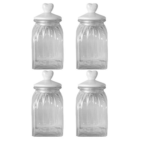 Kit 4 Potes Vidro Tampa Cerâmica Coração 1500ml Class