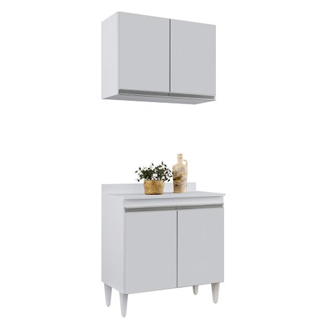 Kit Armário Aéreo e Balcão de Cozinha Lavanderia 02 Portas Loren 80 cm - D’Rossi Branco