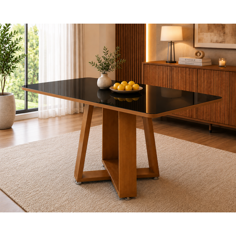 Mesa Moderna em MDF Base Cruzada com Tampo de Vidro 120x80 Preto