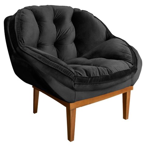 Poltrona Decorativa Veludo Preto Base Madeira Castanho