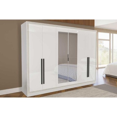 Guarda Roupa 6 Portas (2 C/ Espelho) e 4 Gavetas Valência Branco - Politorno