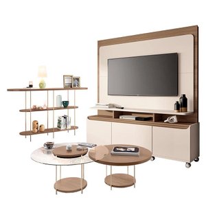 Estante Home Theater Quantum e Aparador Infinity e Kit Mesa de Centro Sky Off White Castanho– Hb Móv