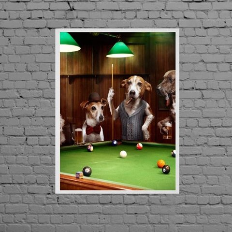 Quadro Cachorros Jogando Sinuca 33x24cm - com vidro:Madeira branca