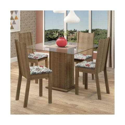 Conjunto Sala de Jantar Madesa Maya Mesa Tampo de Vidro com 4 Cadeiras Rustic/Floral Hibiscos Cor:Ru