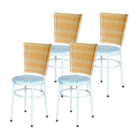 4 Cadeiras para Mesa Branca Hawai Palha com Assento Floral Cor:floral Gelo