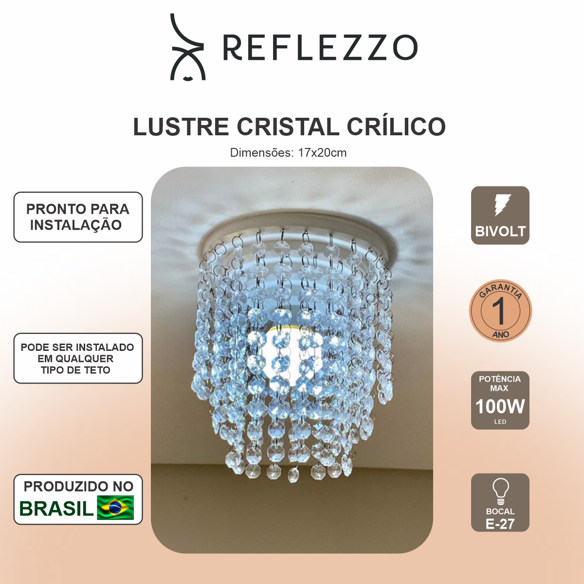 Luminária Cristal Acrilico Redondo Perfeito Para o seu Ambiente - 17 x 20 cm - Lustres Reflezzo