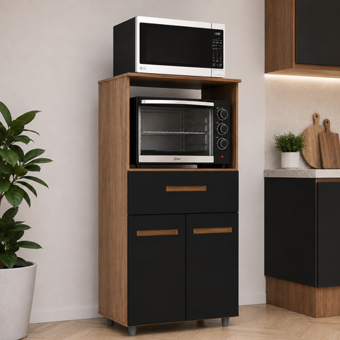 Balcão Multiuso de Cozinha Luna com Nicho para Microondas e Forno 1 Gaveta e 2 Portas - Savana/Preto