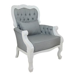 Poltrona Imperador Capitonê Madeira Maciça Branco e Linho Cinza Soberati - 1