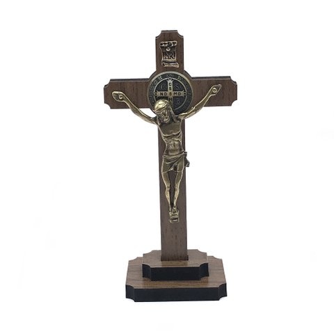 Mini Crucifixo Cruz de Mesa São Bento Madeira Ov
