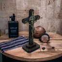 Ver imagem 2 de Mini Crucifixo Cruz de Mesa São Bento Madeira Ov