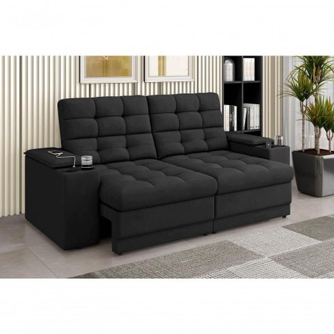 Sofá Confort Premium 2,05m Assento Retrátil/reclinável Porta Copos e Usb Suede Preto - Xflex