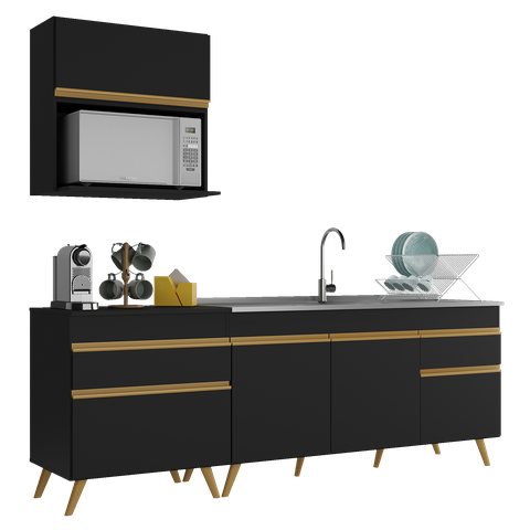 Armário de Cozinha Compacta 220cm Veneza Multimóveis V2075 Preto/dourado
