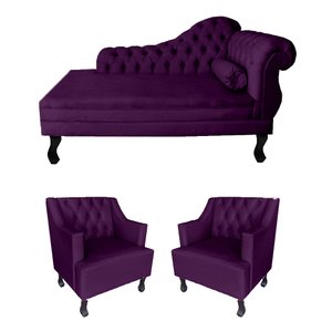 Sofá Divã + 2 Poltronas Capitonê para Consultório e Clínica Psicanálise - Veludo - Sv Decor:roxo