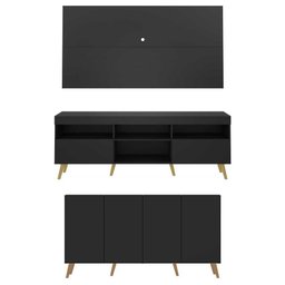 Conjunto Sala de Estar Rack + Painel TV 65" e Aparador Retrô Sofia Multimóveis Preto/Natural - 6