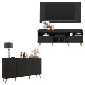 Conjunto Sala de Estar Rack + Painel TV 65" e Aparador Retrô Sofia Multimóveis Preto/Natural
