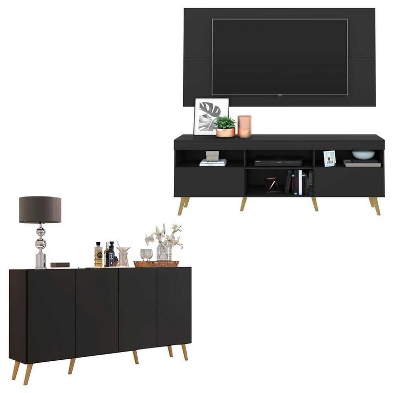Conjunto Sala de Estar Rack + Painel TV 65" e Aparador Retrô Sofia Multimóveis Preto/Natural