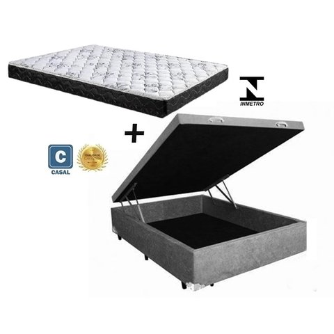 Cama Box Baú Casal Conforto Suede Cinza + Colchão Casal Conforto Espuma D33 24x138x188