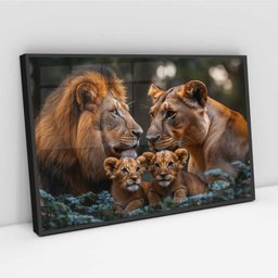 Quadro Decorativo Familia Leao Leoa Dois Filhotes Nas Folhas Sala Quarto Casa Escritório - 2