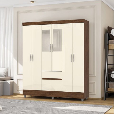 Guarda Roupa Casal Abruzzo 6 Portas de Bater 2 com Espelhos 2 Gavetas Nogueira/offwhite G98 - Gran B