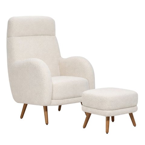 Poltrona de Amamentação com Puff Laura Pés Palito Bouclé Off White - Nexta Casa