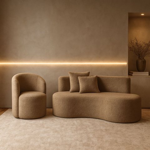 Conjunto 01 Poltrona + Sofá Curvo Orgânico Nature Gaia Boucle Cappuccino - Montanaris Decor