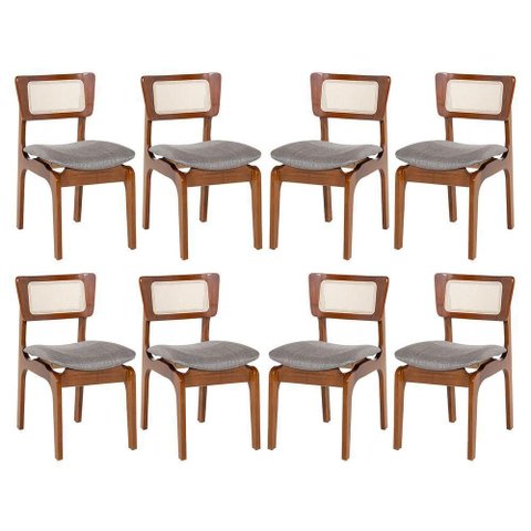 Kit 8 Cadeiras de Jantar Portugal Madeira Maciça Encosto Rattan Linho Cinza Imbuia Rafine Decor