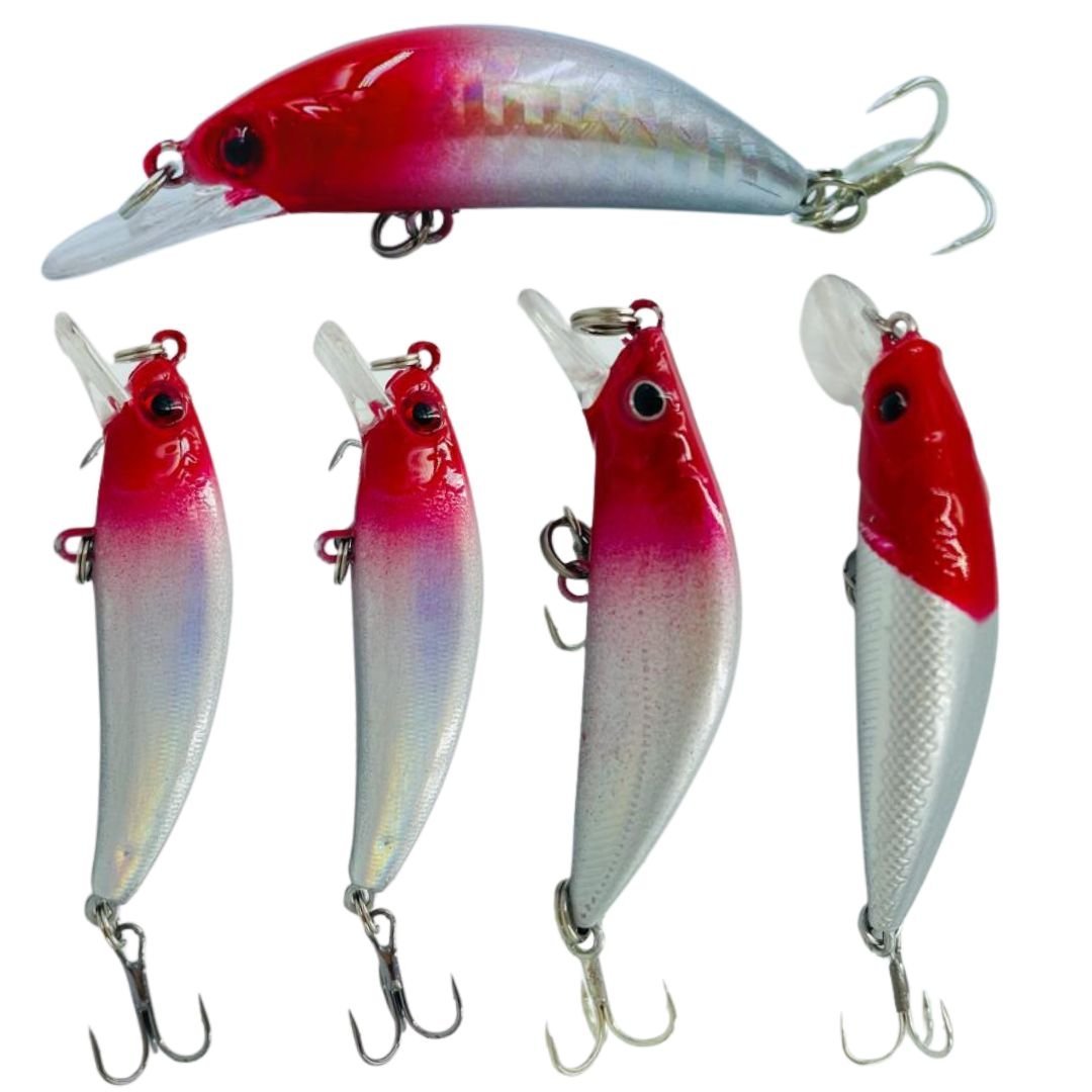 Kit 5 Iscas Artificiais Crank Bait Cabeça Vermelha com Estojo