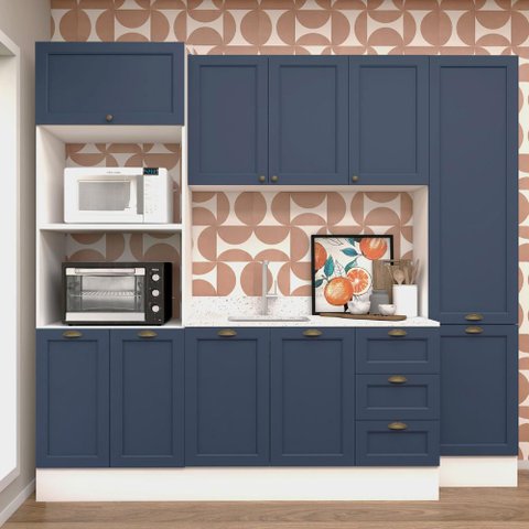 Cozinha Modulada Aurora 235cm Clássica Completa Provençal Cor:branco com Azul