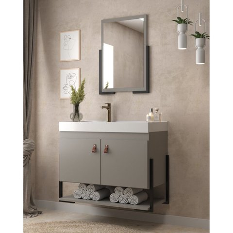 Conjunto Gabinete para Banheiro com Espelheira Opera 60 Cinza/Cimento