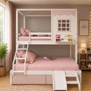 Ver imagem 1 de Beliche Infantil Casinha Reta Casal/ Solteiro 02 Gavetas Rosa Escorregador Madeira Maciça Branco/