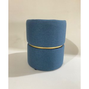 Puff Banqueta Redondo Luxo Cinta Dourada Decorar Sala Moveis (linho Azul)