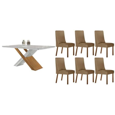 Sala de Jantar Completa Imperatriz C/ Tampo Madeirado C/ Vidro Canto Curvo 180x90cm e 6 Cadeiras