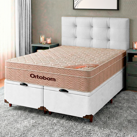 Cama Box Bau + Colchão Casal Ortobom Molas Ensacadas Airtech + Cabeceira Estofada