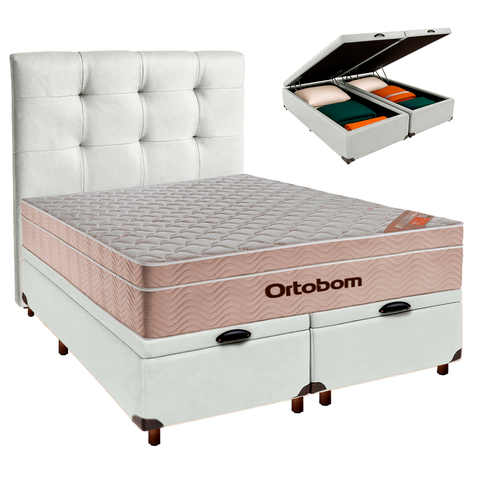Cama Box Bau + Colchão Casal Ortobom Molas Ensacadas Airtech + Cabeceira Estofada