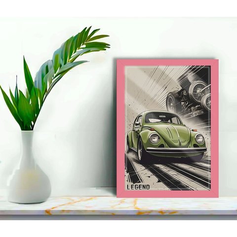 Quadro Decorativo Fusca Legend + Vidro 33x25 Sala Studio:rosa