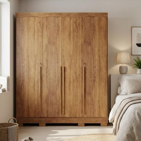 Guarda Roupa Roupeiro de Casal com 4 Portas 3 Gavetas Cedro
