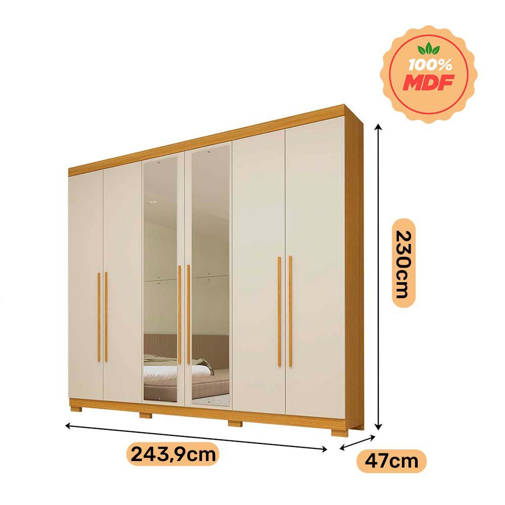 Guarda Roupa Casal com Espelho 6 Portas 4 Gavetas Núbia Nature/Off White 100% MDF - 4