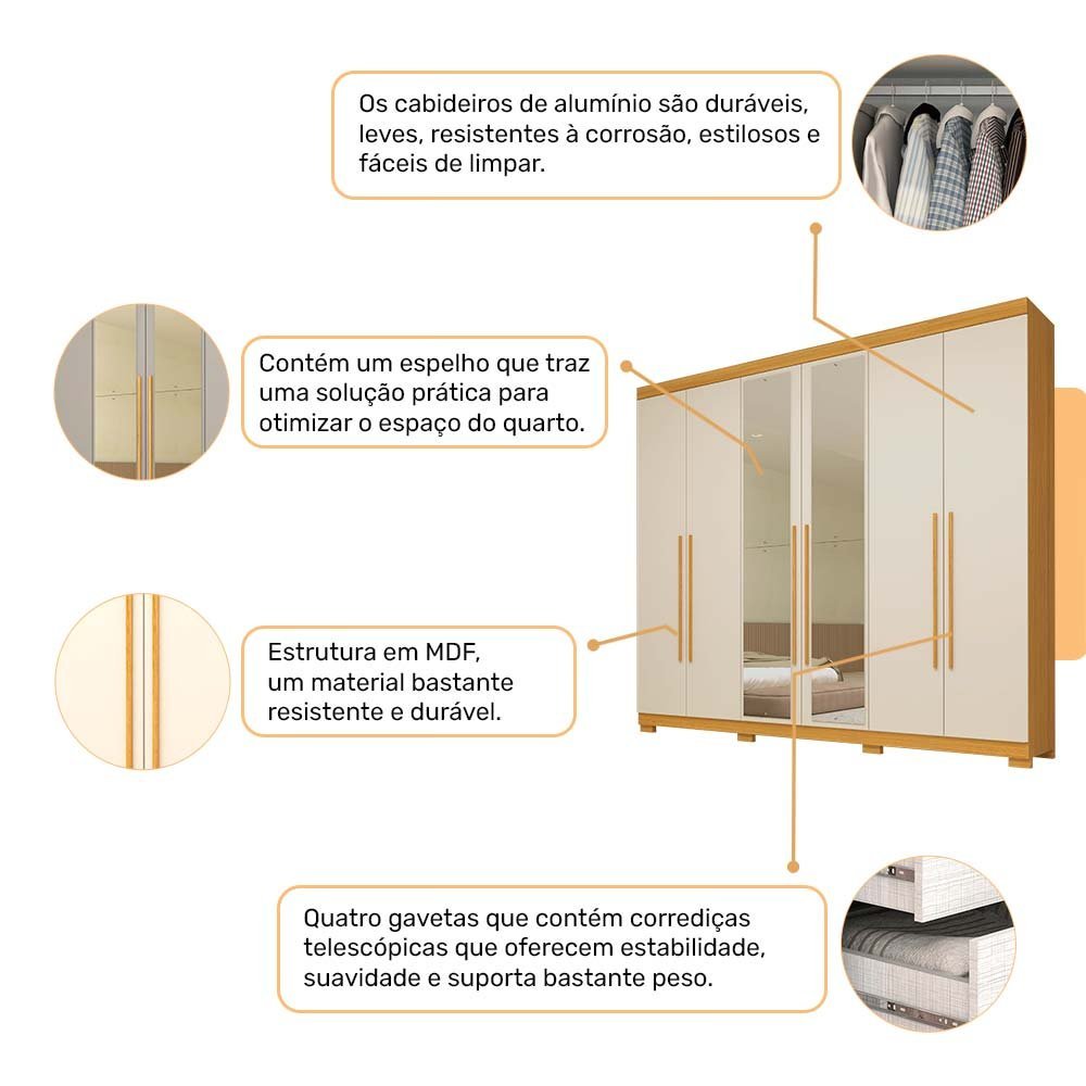 Guarda Roupa Casal com Espelho 6 Portas 4 Gavetas Núbia Nature/Off White 100% MDF - 3