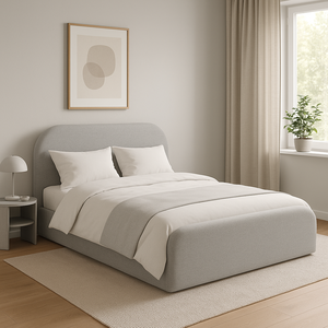 Cama Estofada Casal Cabeceira Arredondada Estilo Minimalista Tecido Boucle Cinza