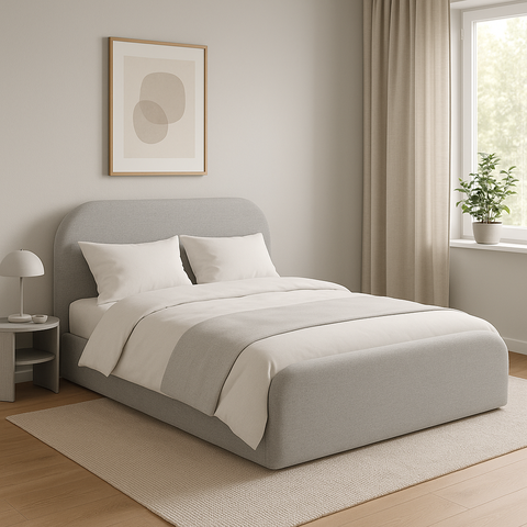 Cama Estofada Casal Cabeceira Arredondada Estilo Minimalista Tecido Boucle Cinza