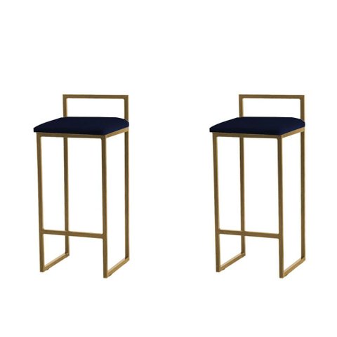 Kit 2 Banquetas Altas Estofadas Suede Pietra Base Dourada:azul