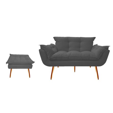 Kit Namoradeira +1 Puff Puf Decorativo Opala Suede Cinza Pés Madeira Mz Decor
