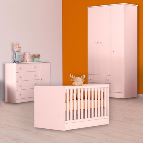 Conjunto Berço Mini Cama, Cômoda Sapateira e Guarda Roupa Rosa