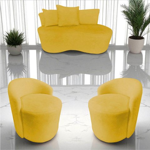 Kit Namoradeira + 2 Poltronas Yara Orgânica Couro Amarelo